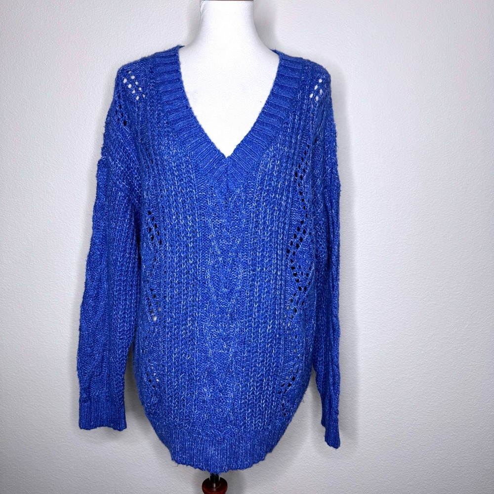 AMERICAN‎ EAGLE NEW Cable Knit Deep V Neck Sweater MEDIUM Blue Oversized Casual
